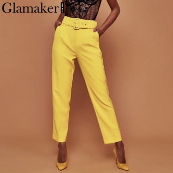 White buckle belt trousers women pants Female loose work high waist suit pants Yellow Rose Khaki